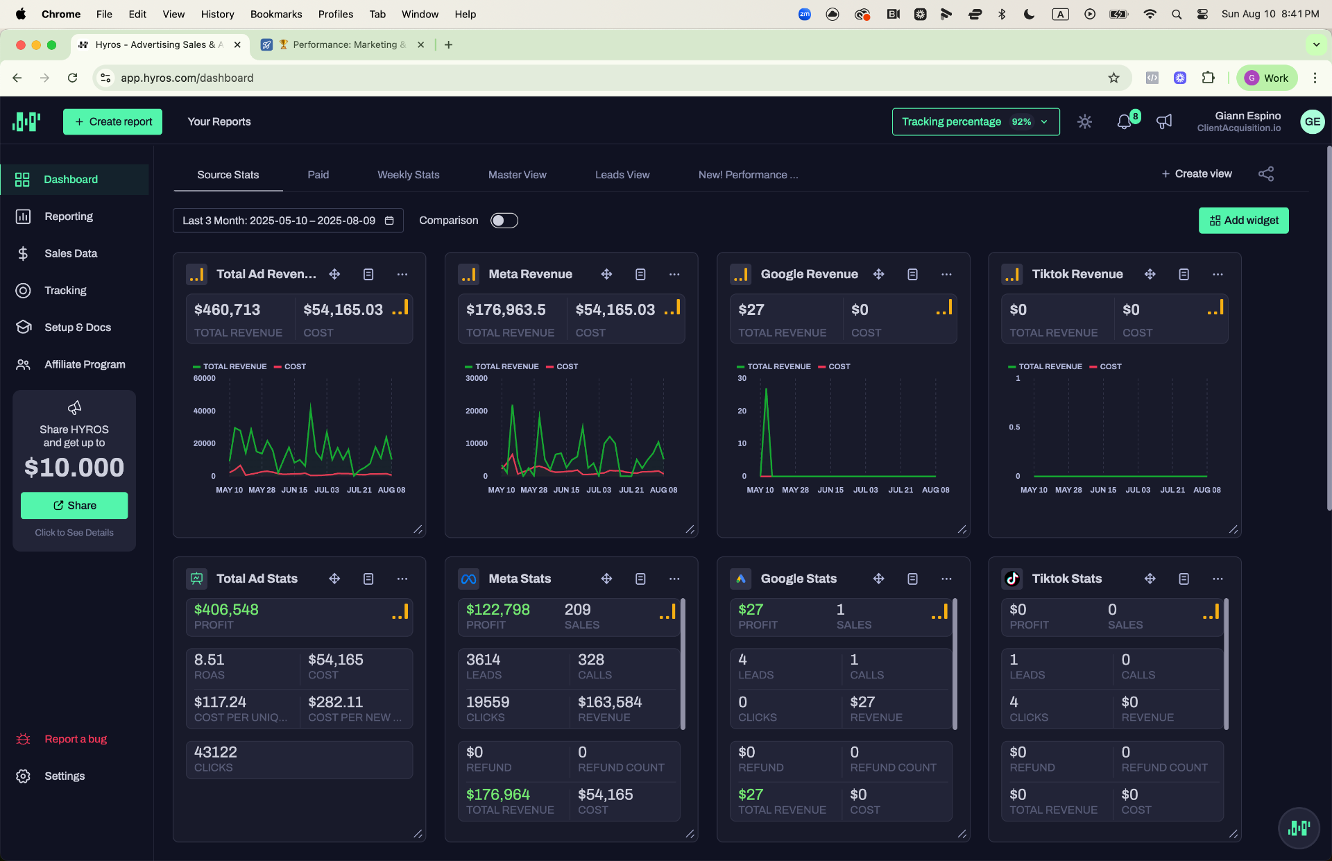 Hyros — 3-Month Source Stats: $460K Revenue