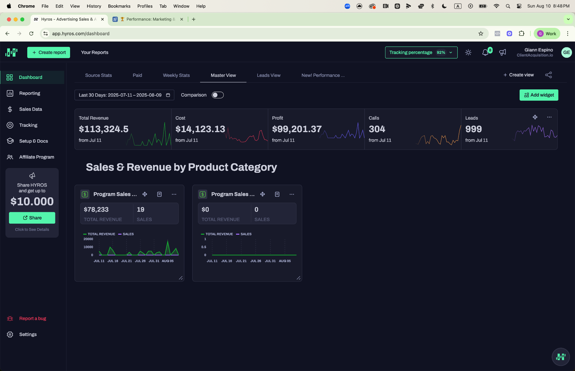 Hyros — 30-Day Master View: $113K Revenue, 304 Calls