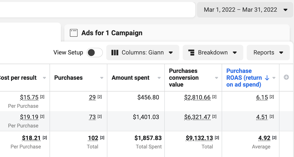 $9.1K Revenue from $1.8K Spend — 4.92x ROAS (Mar 2022)